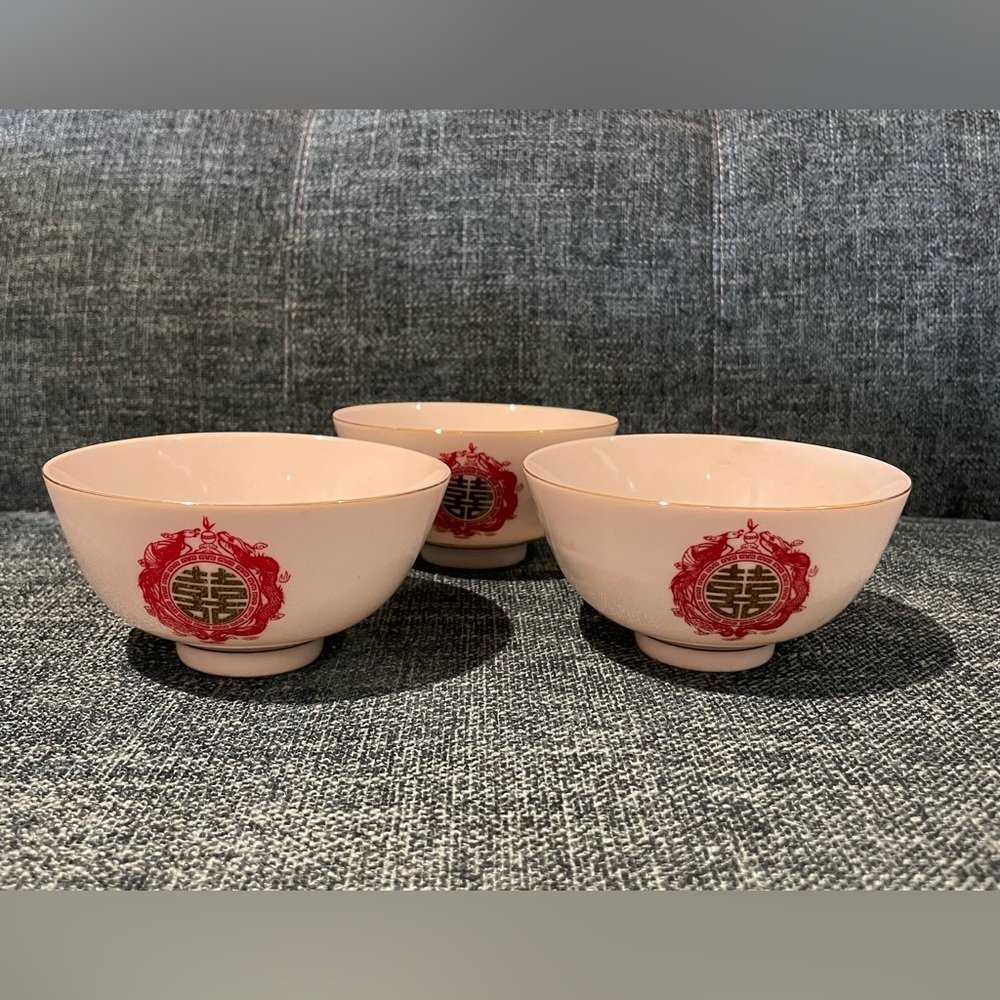 Set Of 3 Vintage Red Dragon Chinese Porcelain Rice/Soup Bowls